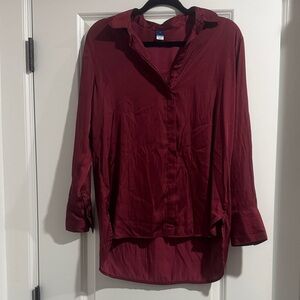 Women's Burgundy Satin Button-Up Shirt